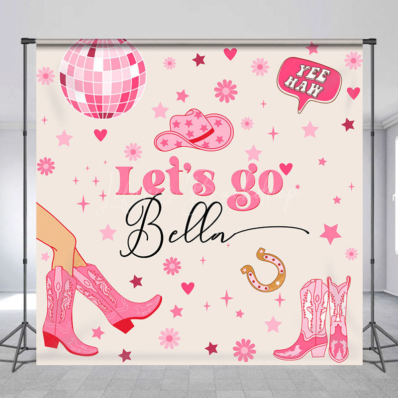 Lofaris Pink Disco Ball Cowgirl Custom Name Birthday Backdrop