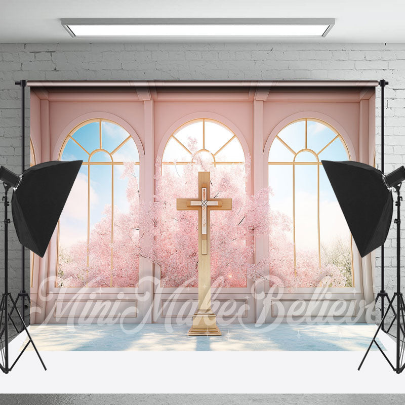 Lofaris Pink Easter Spring Cross Fantasy Window Photo Backdrop