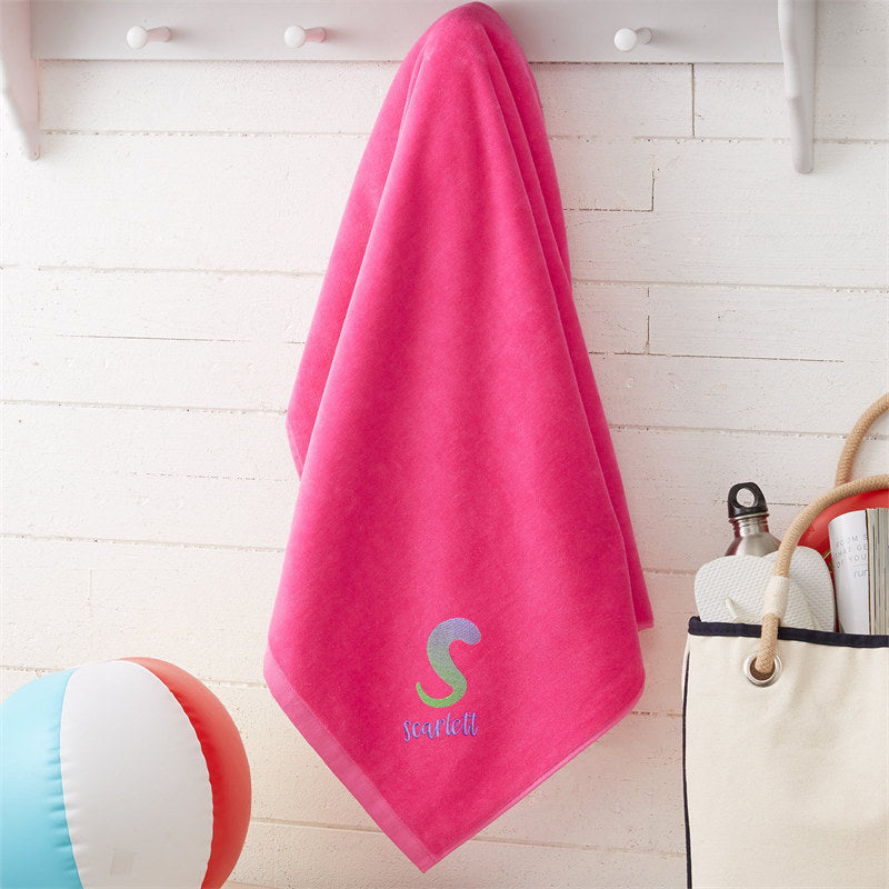 Lofaris Pink Embroidered Ombre Initial Beach Towel