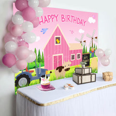 Lofaris Pink Farm Sky Cow Windmill Grass Birthday Backdrop