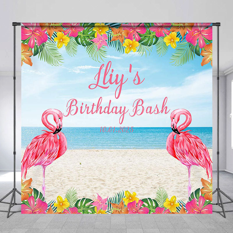 Lofaris Pink Flamingo Floral Beach Custom Birthday Backdrop