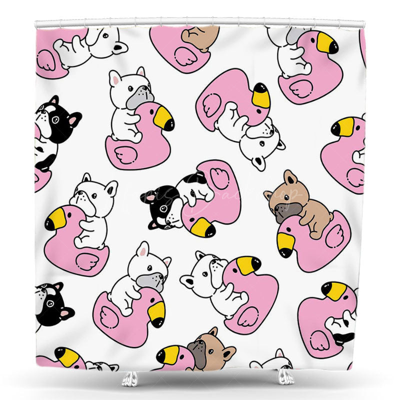 Lofaris Pink Flamingo French Bulldog Animal Shower Curtain