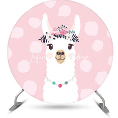 Lofaris Pink Floral Alpaca Animals Round Birthday Backdrop