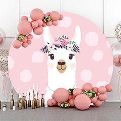 Lofaris Pink Floral Alpaca Animals Round Birthday Backdrop