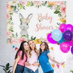 Lofaris Pink Floral And Little Bunny Theme Baby Shower Backdrop