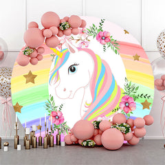 Lofaris Pink Floral And Unicorn Round Girls Birthday Backdrop Kit