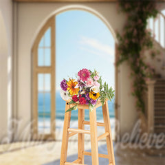 Lofaris Pink Floral Arch Door Seaside Retro Wall Backdrop