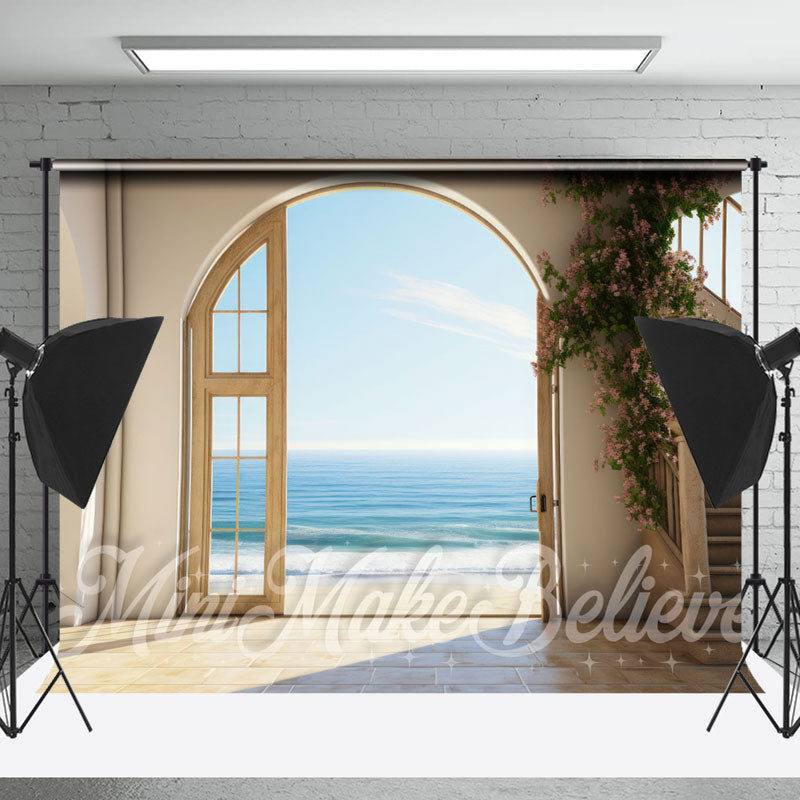 Lofaris Pink Floral Arch Door Seaside Retro Wall Backdrop