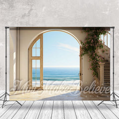 Lofaris Pink Floral Arch Door Seaside Retro Wall Backdrop