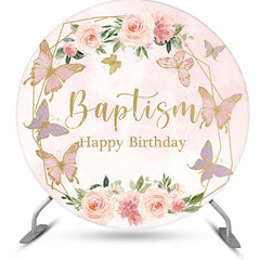 Lofaris Pink Floral Baptism Round Happy Birthday Backdrop