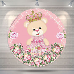 Lofaris Pink Floral Bear Birthday Round Backdrop Cover