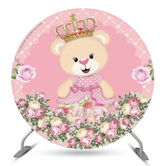 Lofaris Pink Floral Bear Birthday Round Backdrop Cover