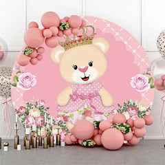 Lofaris Pink Floral Bear Birthday Round Backdrop Cover