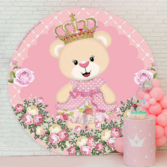 Lofaris Pink Floral Bear Birthday Round Backdrop Cover