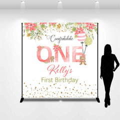 Lofaris Pink Floral Bear Custom Name 1st Birthday Backdrop