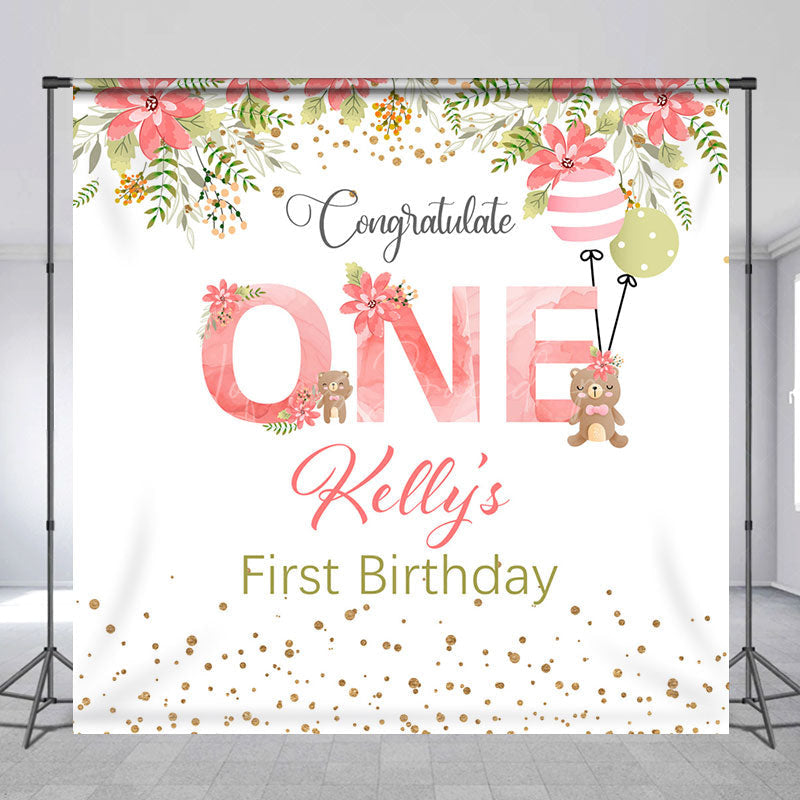 Lofaris Pink Floral Bear Custom Name 1st Birthday Backdrop