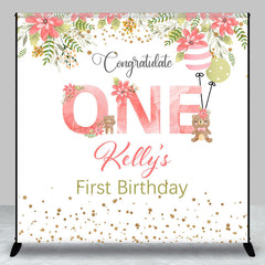 Lofaris Pink Floral Bear Custom Name 1st Birthday Backdrop