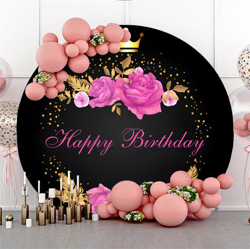 Lofaris Pink Floral Black Gold Crown Round Birthday Backdrop