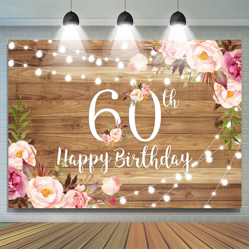 Lofaris Pink Floral Brown Wood Happy 60th Birthday Backdrop