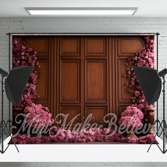 Lofaris Pink Floral Brown Wooden Retro Wall Photo Backdrop