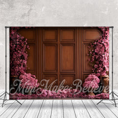 Lofaris Pink Floral Brown Wooden Retro Wall Photo Backdrop