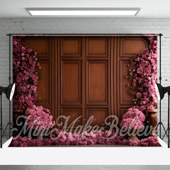 Lofaris Pink Floral Brown Wooden Retro Wall Photo Backdrop