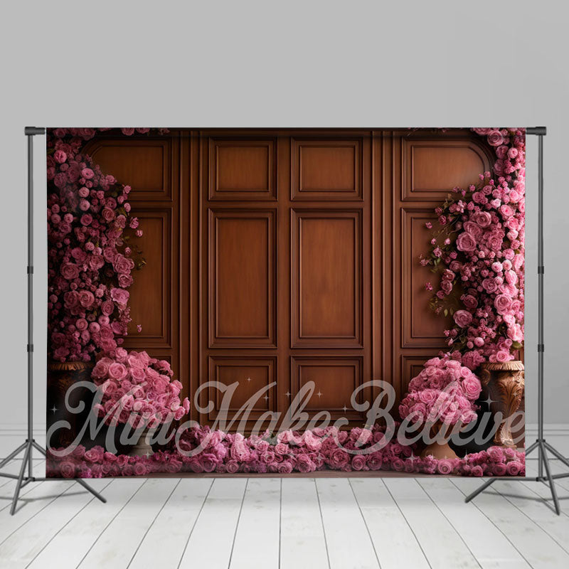 Lofaris Pink Floral Brown Wooden Retro Wall Photo Backdrop