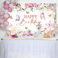 Lofaris Pink Floral Butterfly Green Leaves Birthday Backdrop