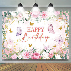 Lofaris Pink Floral Butterfly Green Leaves Birthday Backdrop