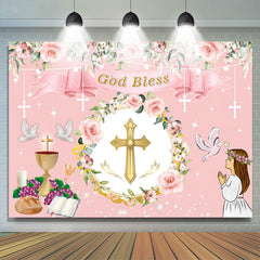 Lofaris Pink Floral Chalice God Bless Girl Baptism Backdrop