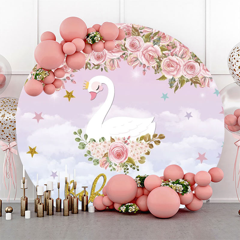 Lofaris Pink Floral Cloud Swan Round Baby Shower Backdrop