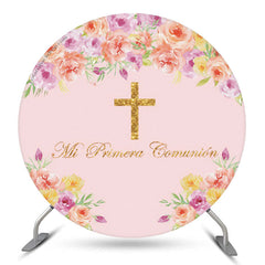 Lofaris Pink Floral Communion Cross Baptism Round Backdrop