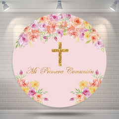 Lofaris Pink Floral Communion Cross Baptism Round Backdrop