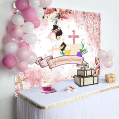 Lofaris Pink Floral Cross Pattern Baptism Backdrop For Girls