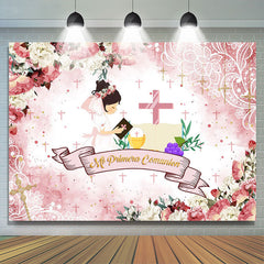 Lofaris Pink Floral Cross Pattern Baptism Backdrop For Girls