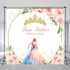 Lofaris Pink Floral Crown Custom Name Quinceanera Backdrop