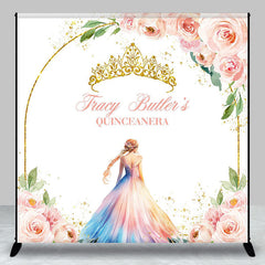 Lofaris Pink Floral Crown Custom Name Quinceanera Backdrop