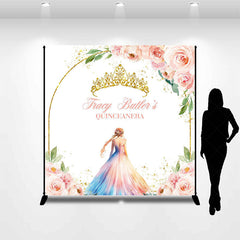 Lofaris Pink Floral Crown Custom Name Quinceanera Backdrop