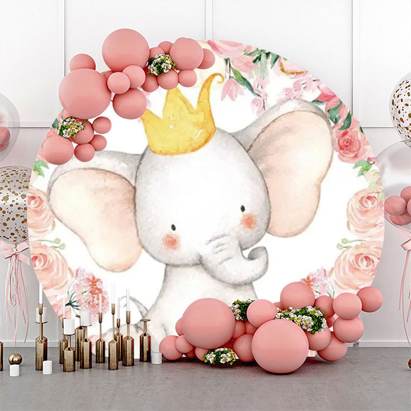 Lofaris Pink Floral Cute Elephant Round Baby Shower Backdrop