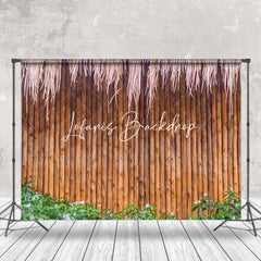 Lofaris Pink Floral Dark Bamboo With Grass Wood Wall Backdrop