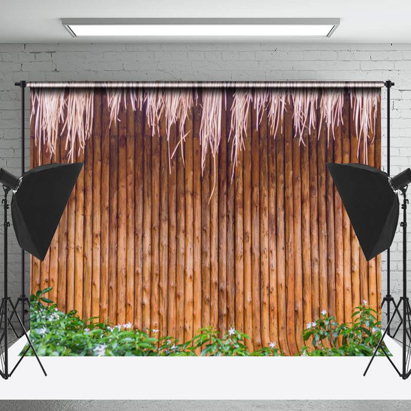 Lofaris Pink Floral Dark Bamboo With Grass Wood Wall Backdrop