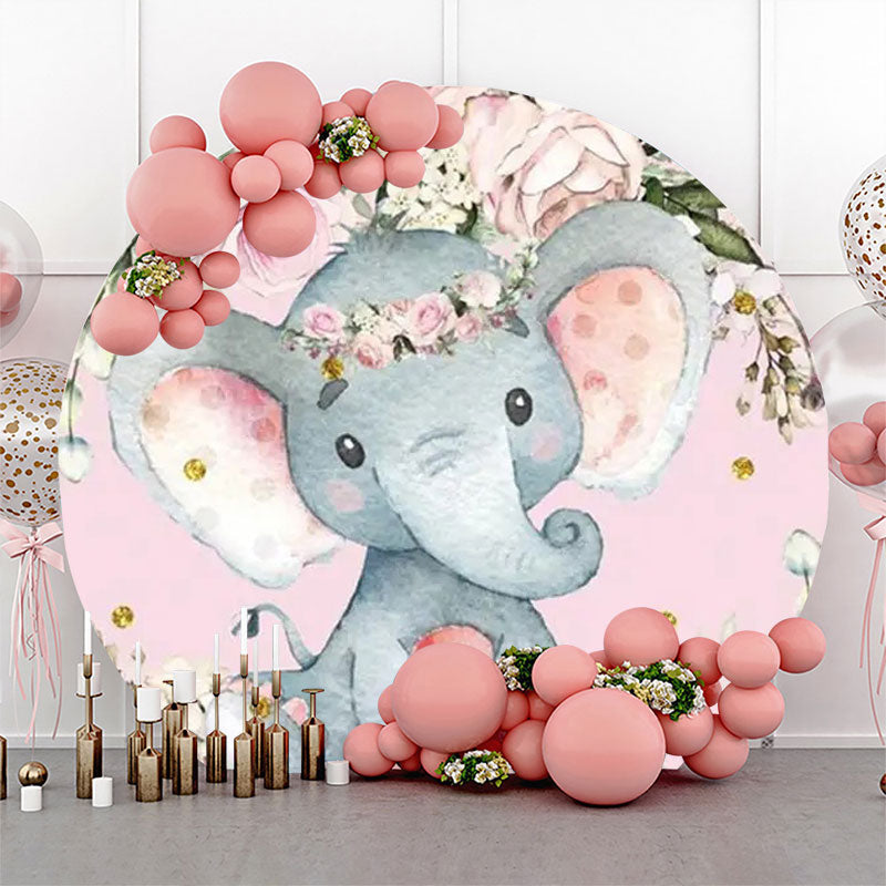 Lofaris Pink Floral Elephant Dot Round Baby Shower Backdrop