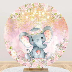 Lofaris Pink Floral Elephant Gold Round Baby Shower Backdrop