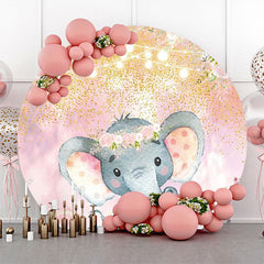 Lofaris Pink Floral Elephant Gold Round Baby Shower Backdrop