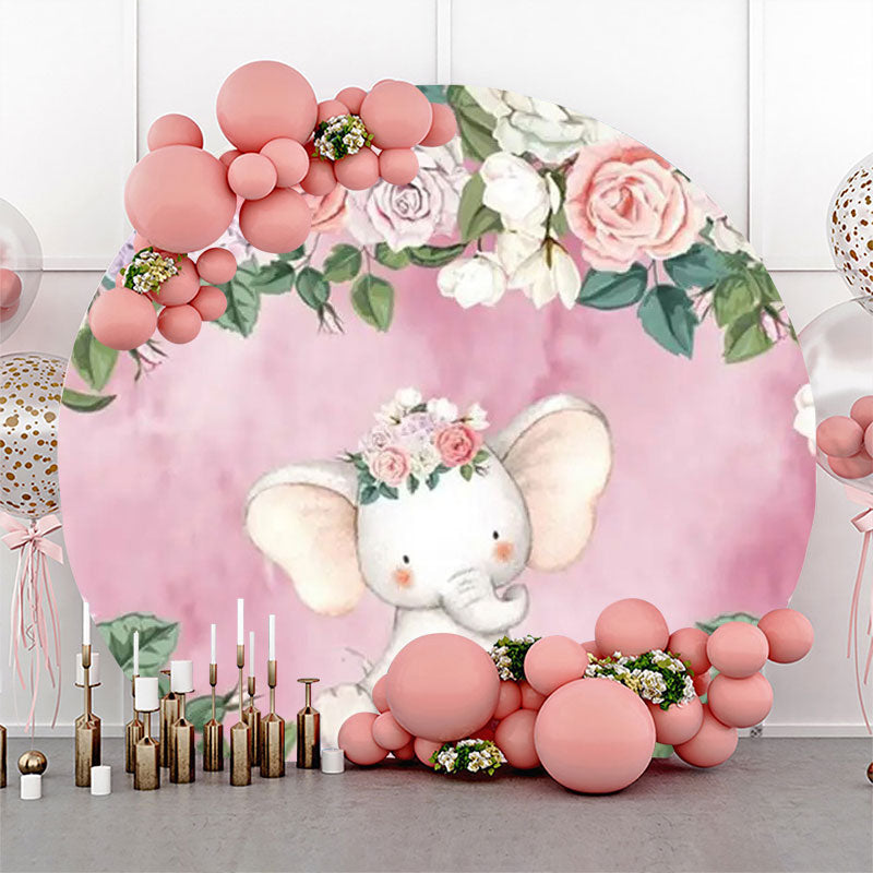 Lofaris Pink Floral Elephant Leaf Round Baby Shower Backdrop