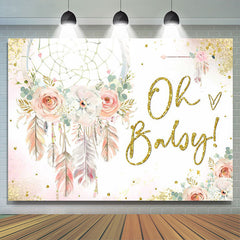 Lofaris Pink Floral Feather Boho Backdrop For Baby Shower