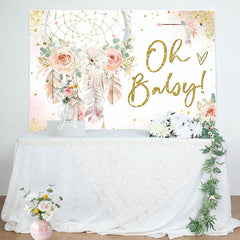 Lofaris Pink Floral Feather Boho Backdrop For Baby Shower