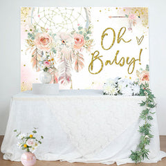 Lofaris Pink Floral Feather Boho Backdrop For Baby Shower