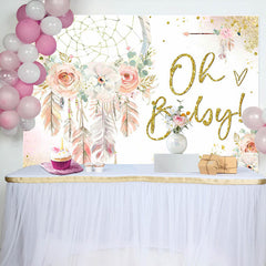 Lofaris Pink Floral Feather Boho Backdrop For Baby Shower