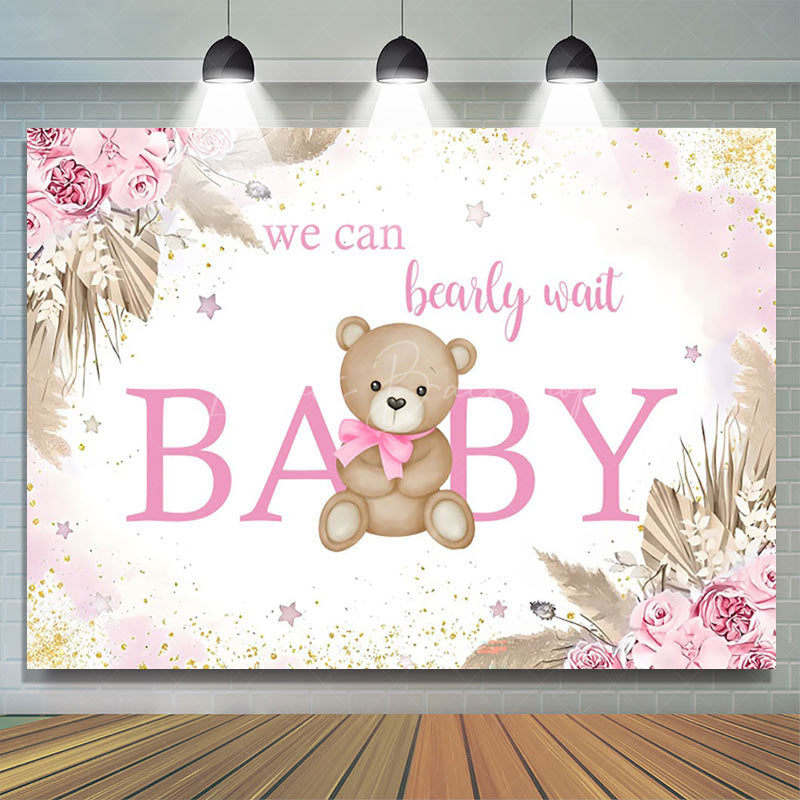 Lofaris Pink Floral Glitter Bear Baby Shower Backdrop